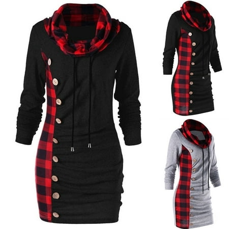 Women Autumn and Winter Cowl Neck T Shirt Dress Casual Long Sleeve Sweater Plaid Print Dress