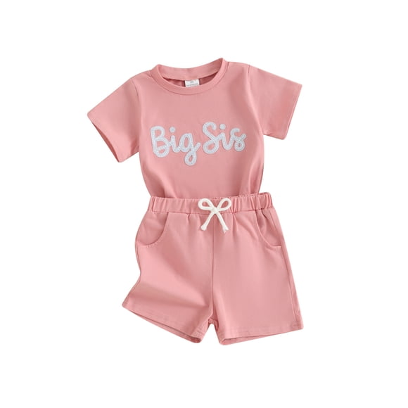 EYIIYE Kids Brother Sister Summer Matching Outfits Toddler Baby Boys Girls 1-5Y Short Sleeve Shirt Round Neck T-Shirt Letter Embroidery Tops with Solid Shorts 2 Pcs Casual Daily Outfit