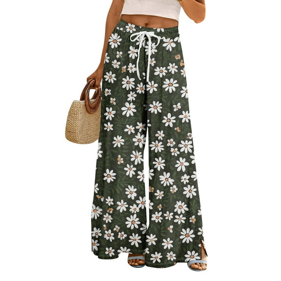 WTOBBY Women's Summer Floral Print Wide Leg Palazzo Pants Featuring High Waist Elastic Drawstring Casual Design and Pockets for Stylish Outfits ,Army Green L