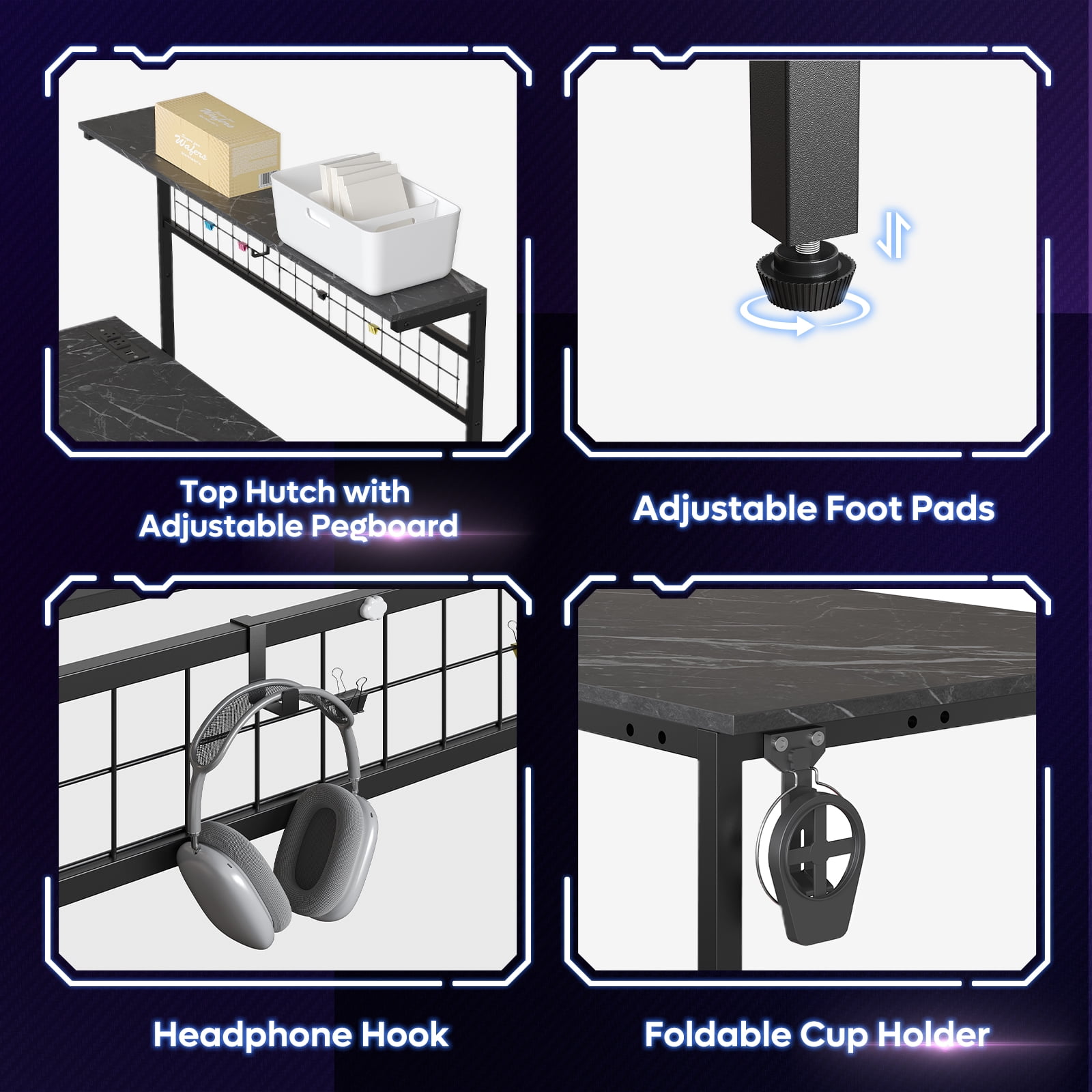 Bestier 42 inch Gaming Desk with LED Lights & Power Outlet, Reversible L Shaped Computer Desk with Hutch & Storage Shelves, Black Marble