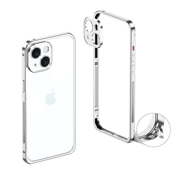 For iPhone 15 Metal Bumper Phone Case,With Lens Protector,Slim Fit No Back No Frame Backless Metal Bumper 4 Corners Shockproof Rugged Heat Dissipation Frame Phone Case,Silver