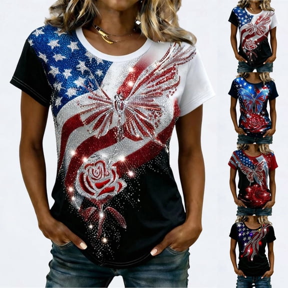 Sequin T Shirts for Women Independence Days Graphic Tee USA 250th Anniversary Shirt Short Sleeve Crew Neck Red Top L