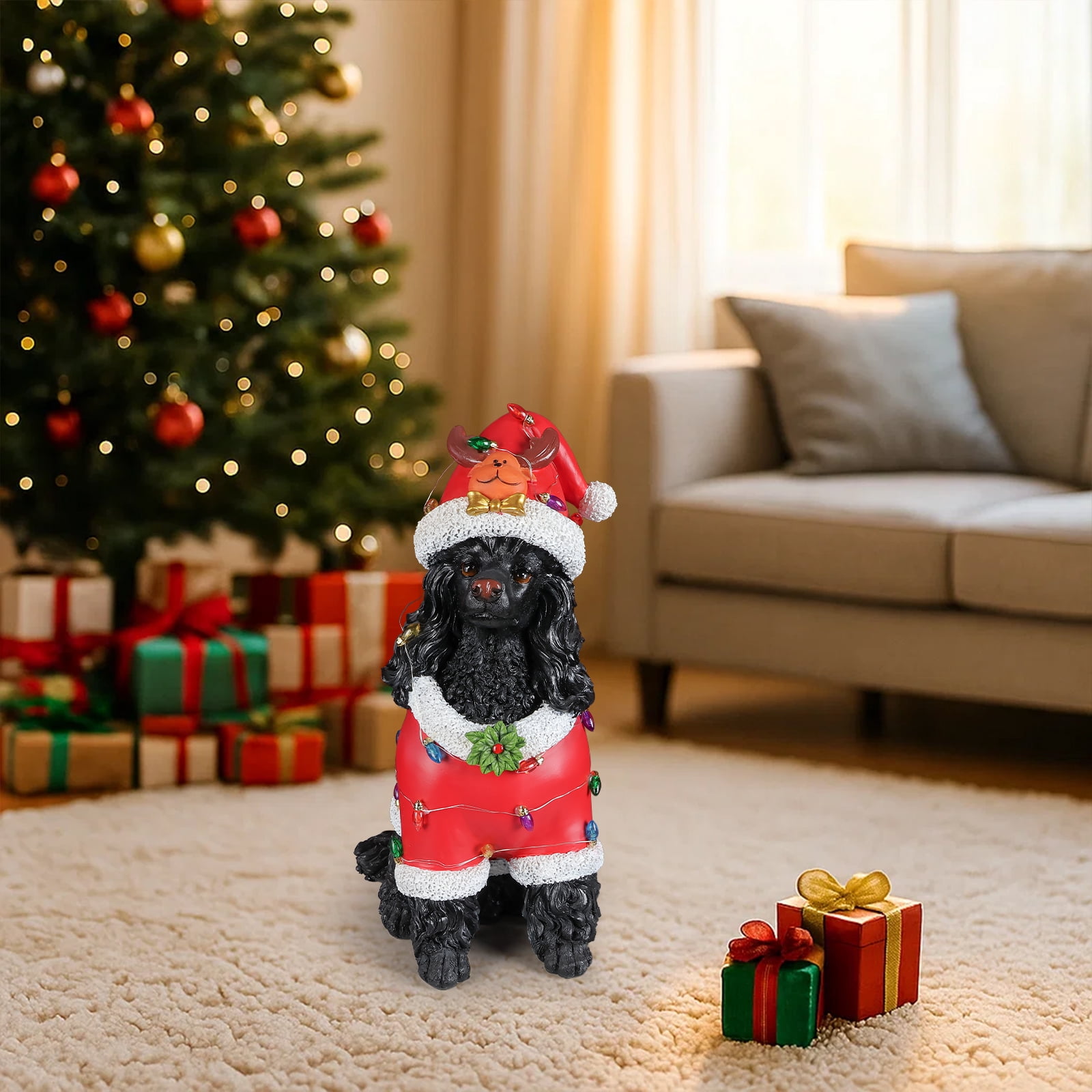 Black Poodle Red Santa Outfit Christmas Dog Statue with Reindeer Antlers Holiday Tabletop Decor