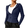 thumbnail image 3 of ClodeEU Women's Drawstring Hood Full Zip Long Sleeve Knit Cardigan Jacket,Casual Slim Fitted Layering Knit Outerwear Navy,Women's Plus S, 3 of 7