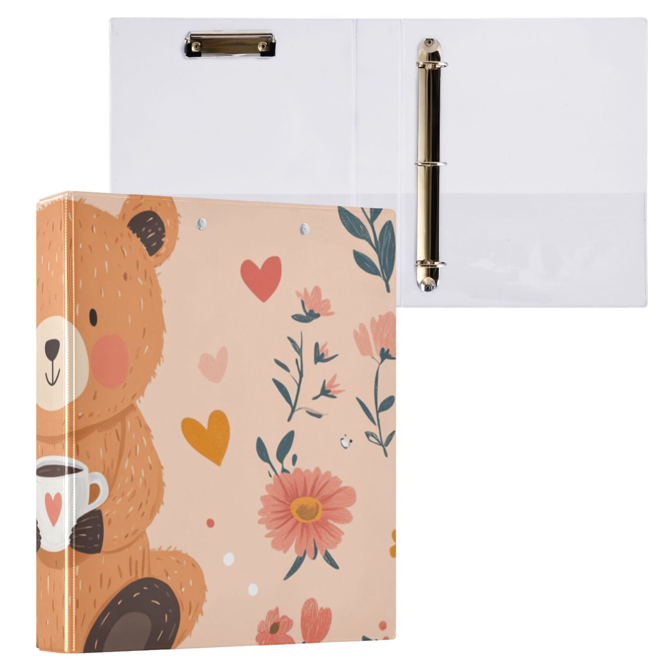 Brown Bear Flowers 3 Ring Binders 1.5 inch Hardcover File Folders with Interior Pockets A4 Size Organizer for School Office Hospital