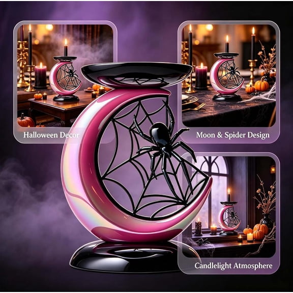 Halloween Moon Spider Candle Holder, 7" Resin Gothic Tabletop Decor, Iridescent Pink Spooky Ornament for Mantel Shelf Party Home