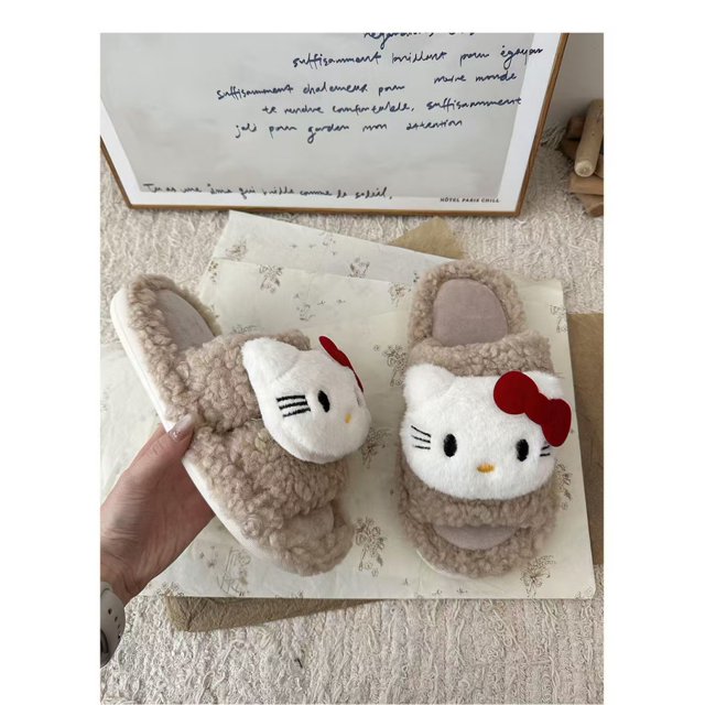 Y2K Hello Kitty Slippers Cute Plush Home Slippers Warm Cotton Slippers Non-Slip One-Word Drag Comfortable Lightweight Slippers