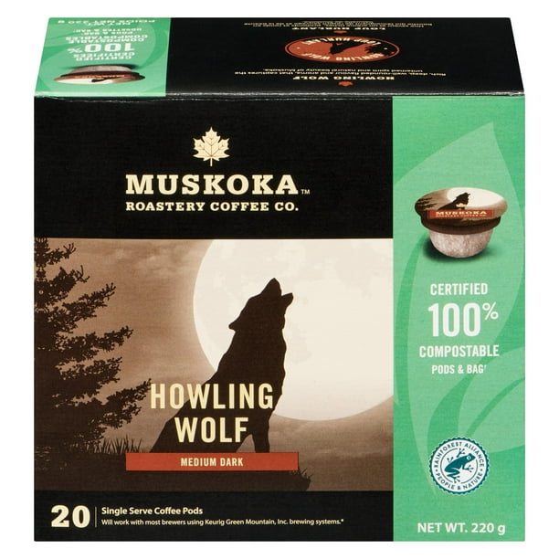 Dosettes de café Loup Hurlant de Muskoka Roastery Coffee Co. à torréfaction foncée moyenne en emballage d'une portion