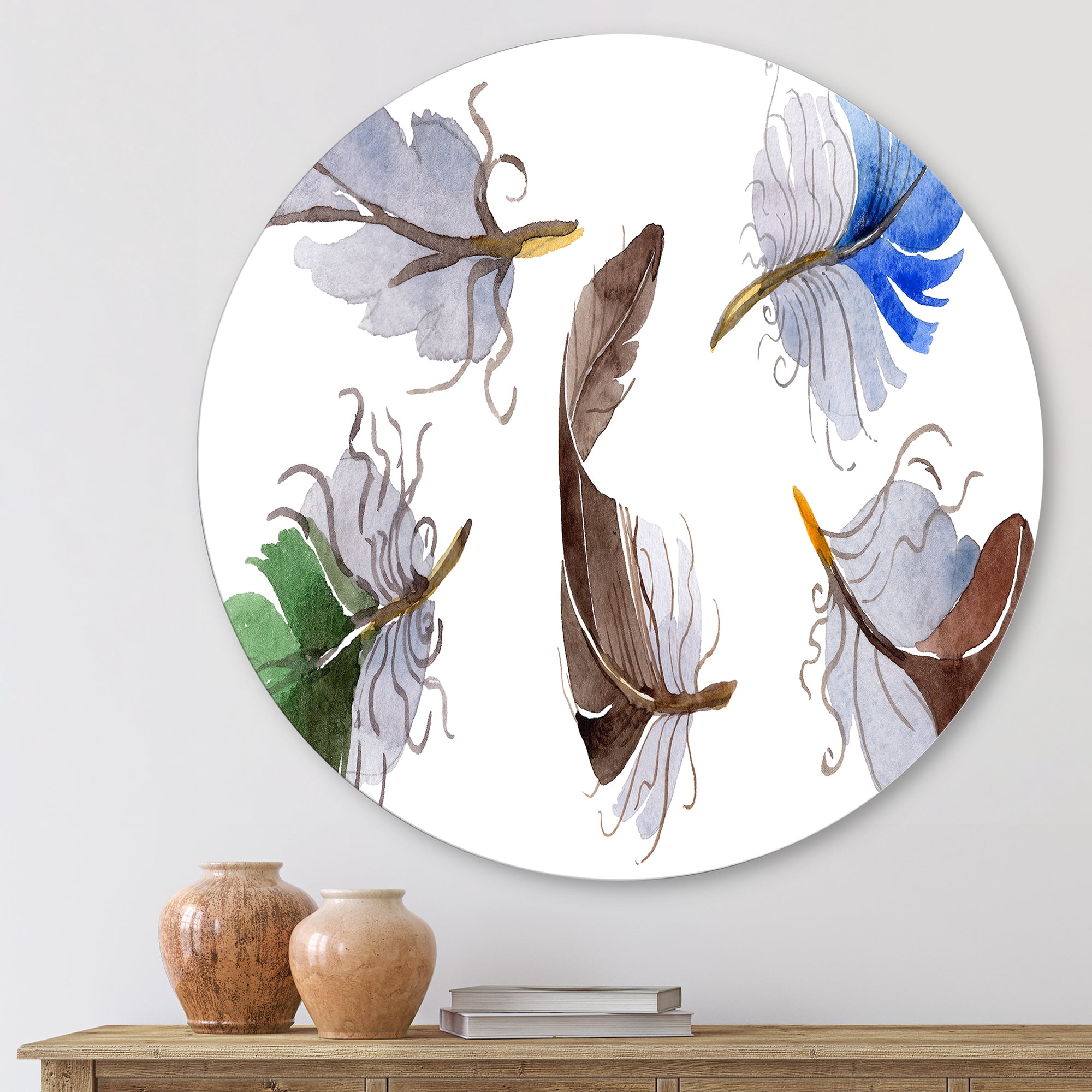 Designart 'Colourful Boho Feather Set On White IV' Bohemian & Eclectic Circle Metal Wall Art 11x11 - Disc of 11