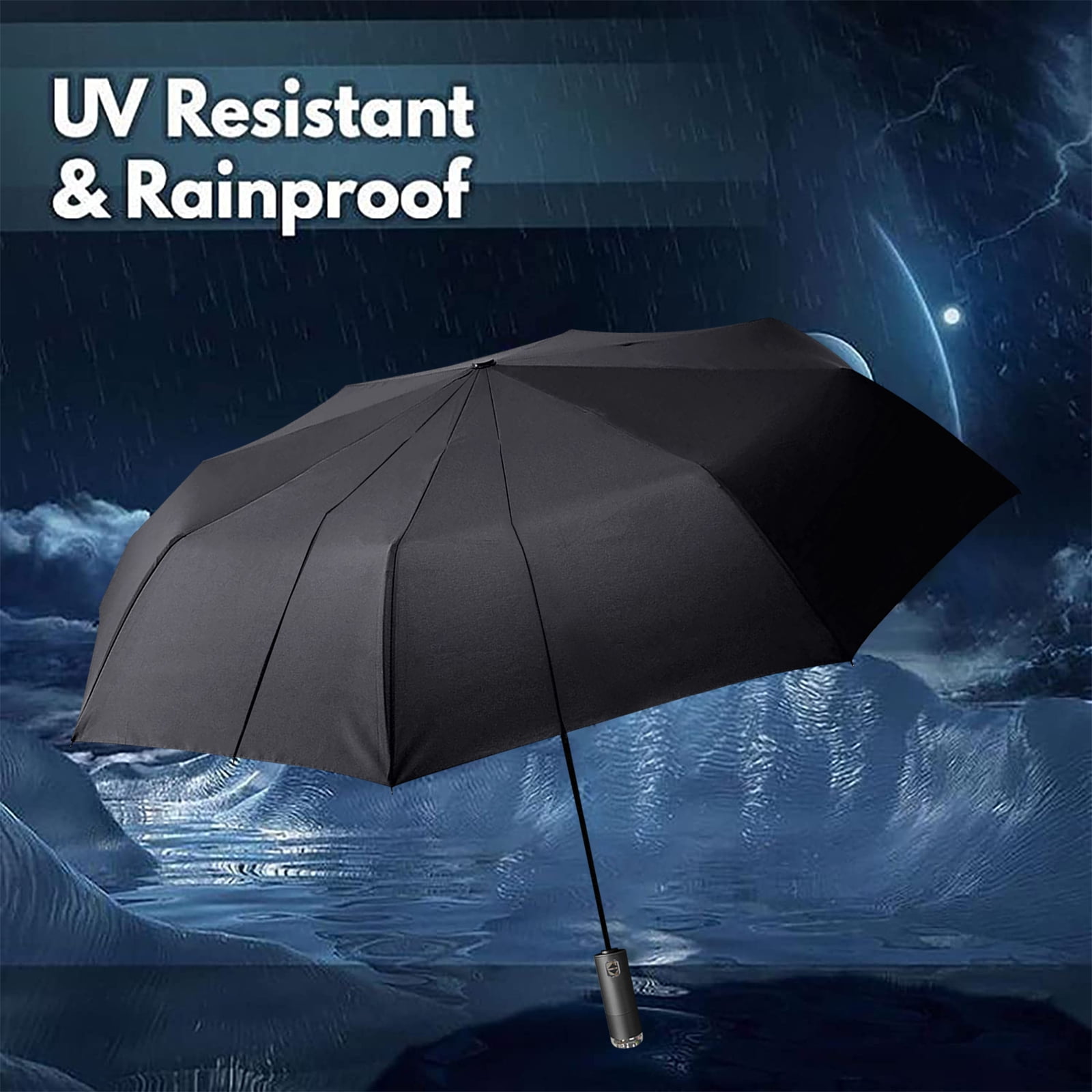 Automatic folding umbrella with LED flashlight handle, lightweight for travel, 10 ribs, portable for kids and adults in sun or rain (Black)