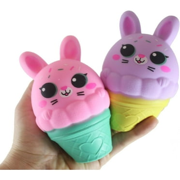 2 Bunny Ice Cream Cone - Soft Creamy Doh Filled Squeeze Stress Balls - Sensory Easter Toy (Random Colors)