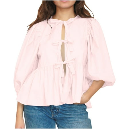 QIPOPIQ Women Bow Tie Front Shirt Top Cute Puff Sleeve Y2K Peplum Ruffle Babydoll Blouse Lace Up Summer Going Out Clearance