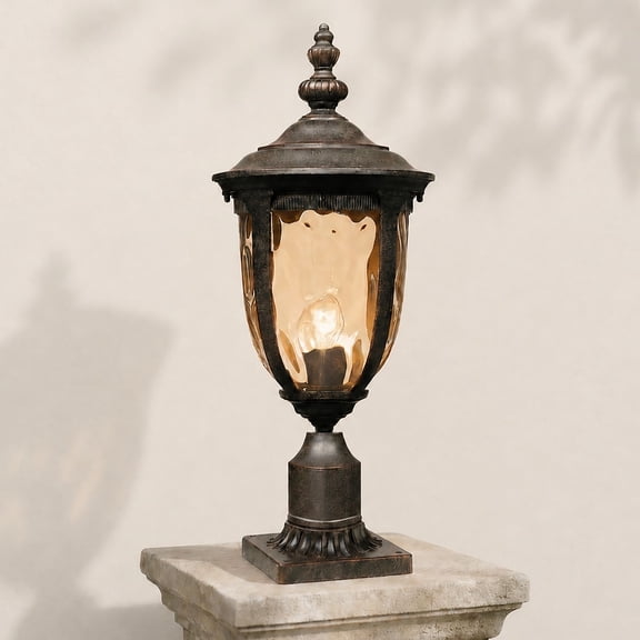 John Timberland Bellagio Vintage Outdoor Post Light Veranda Bronze with Pier Mount 25'' Champagne Hammered Glass for Exterior Barn Deck House Porch