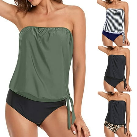 Two Piece Bandeau Tankini Swimsuits for Women Strapless Bathing Suits Blouson Swim Top with Bikini Bottoms Teen Girl Green M