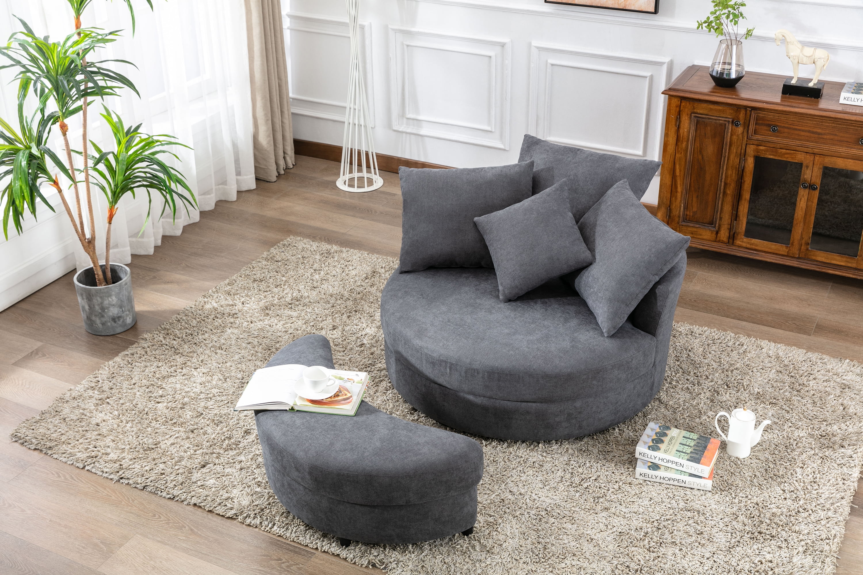 360 Swivel Accent Bucket Chair Modern Linen Lounge Chair Round