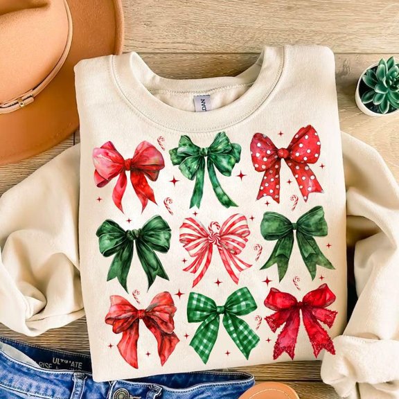 Coquette Christmas Candy Cane Sweater, Retro Holidays Bow Girly Christmas Vibes Sweatshirt
