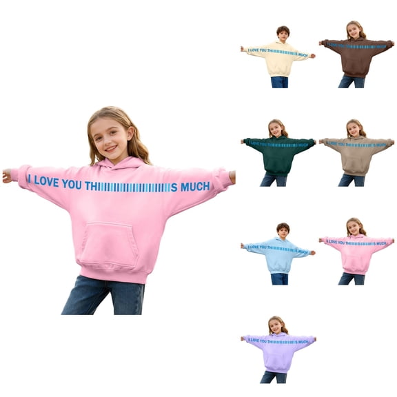 Girls Long Sleeve Letter Print Hooded Pullover, Soft Casual Sweatshirt with Secret Message I Love You Thiiiiiis Much Graphic, Youth Fashion Daily Wear Outdoor Activity Apparel