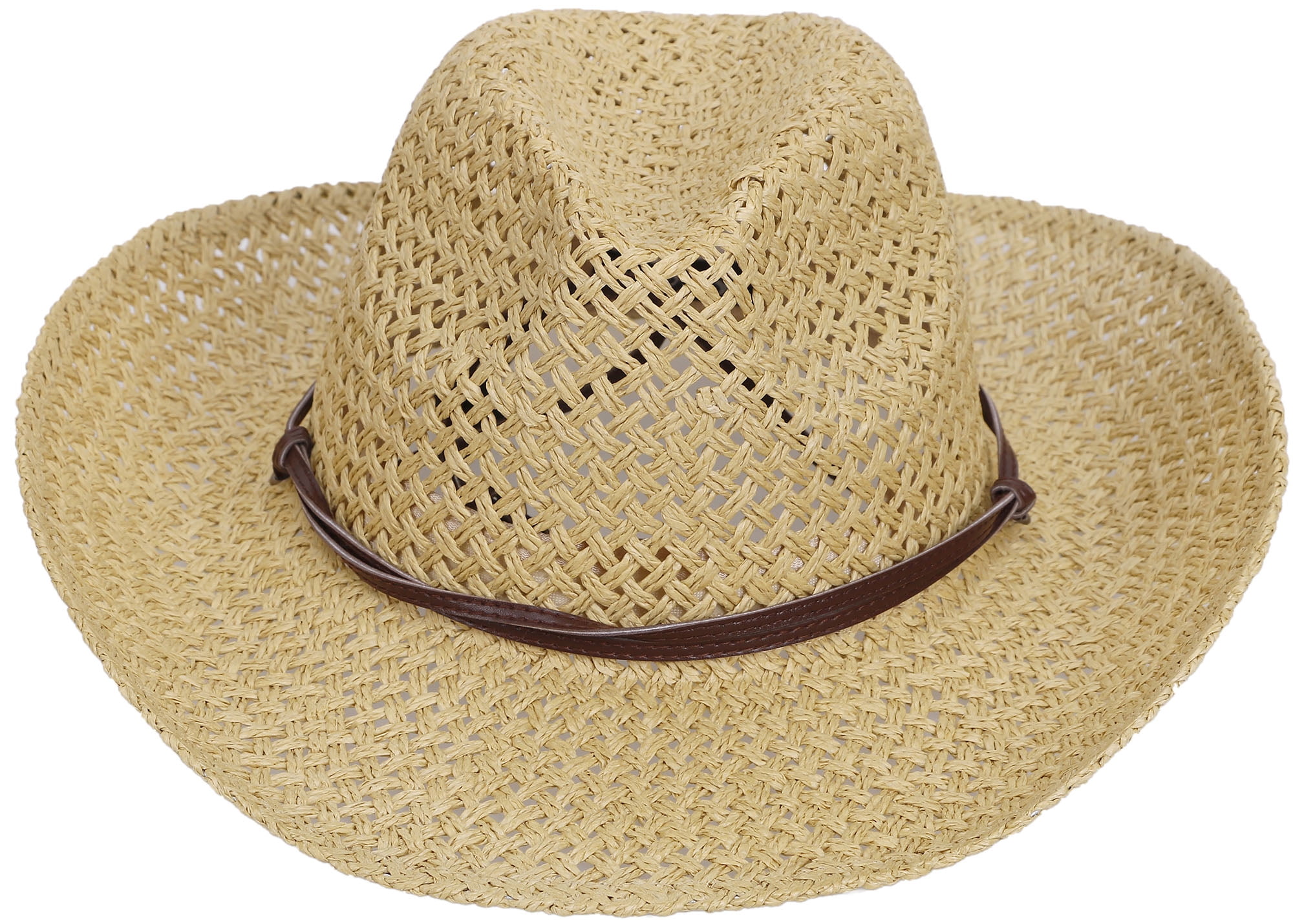 Simplicity Men & Women's Straw Cowboy Hat w/ PU Leather Band & Chin Strap Beige