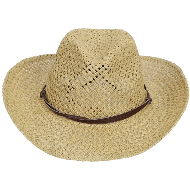 BASILICA Men's Straw Cowboy Hat w/ PU Leather Band & Chin Strap Beige