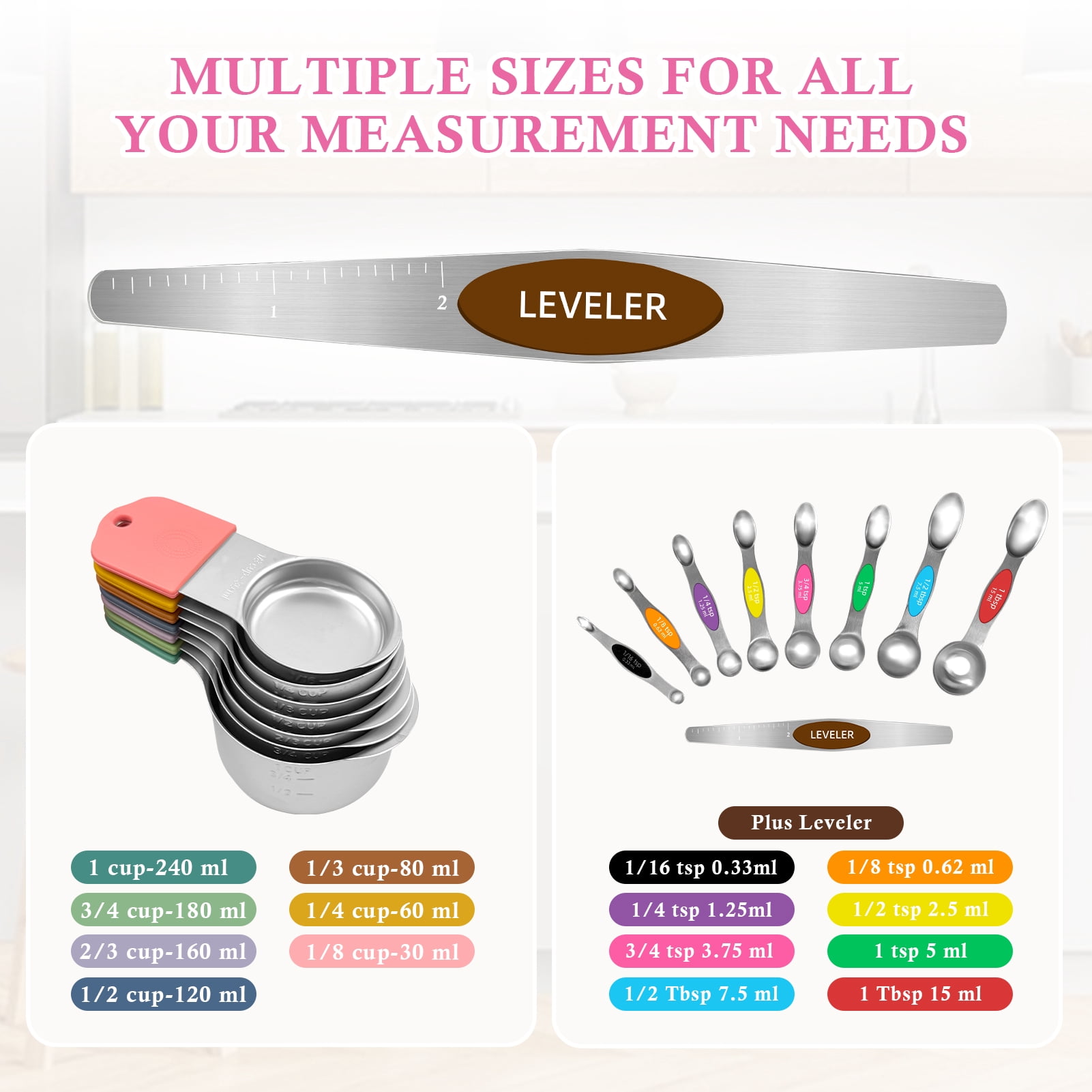 Godance Magnetic Measuring Cups and Spoons Set Including 7 Stainless Steel Stackable Measuring Cup 8 Double Sided Magnetic Measuring Spoons with 1 Leveler for Dry and Liquid Ingredients(Multicolor)