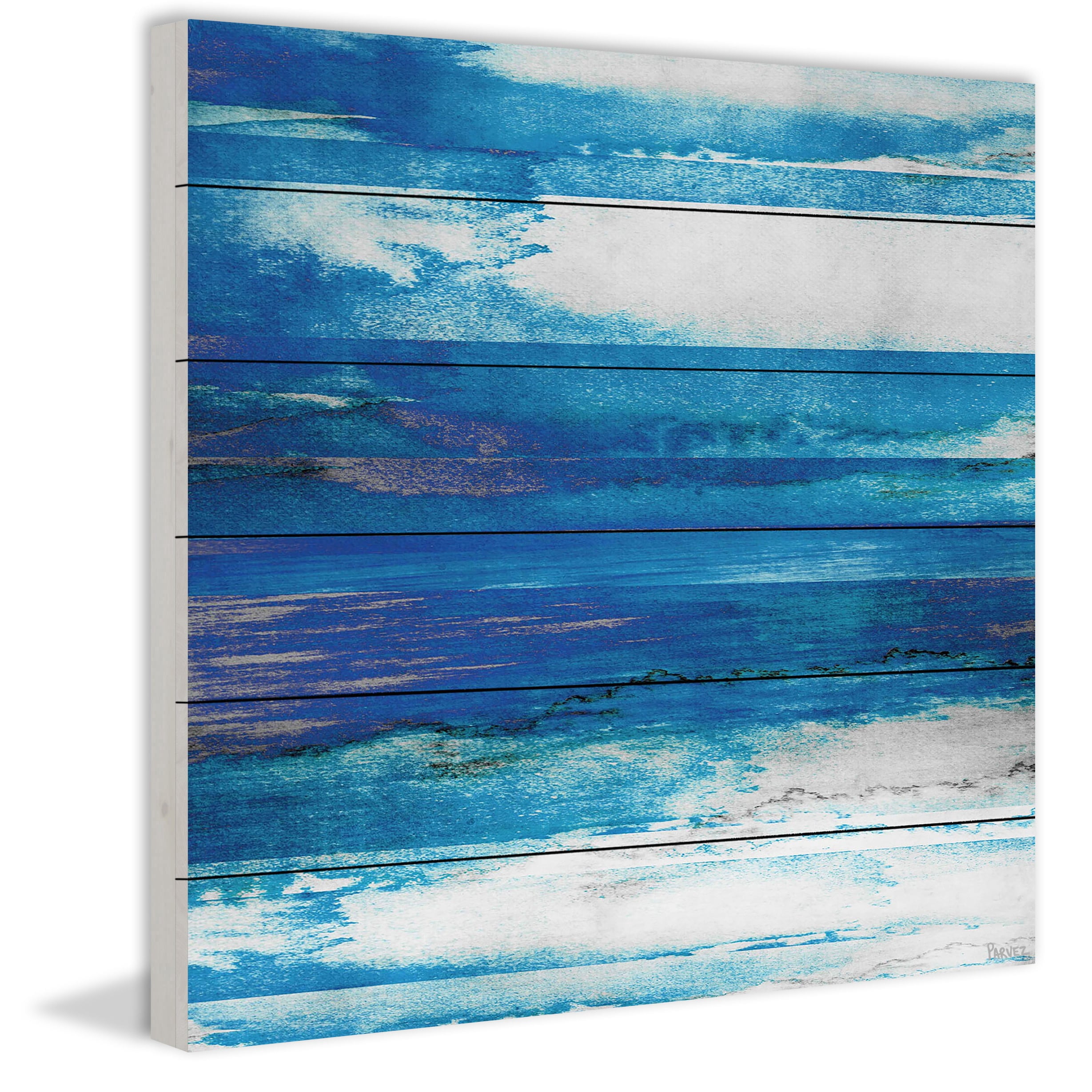 "Blue Painted Ocean" Painting Print on White Wood