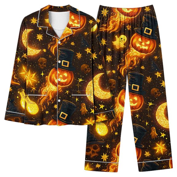 Akmaiox Halloween Pajamas Sets for Women,Trendy Printed Long Sleeve Button Down Shirts with Pockets and Elastic Pajama Pants,Casual Loose Soft Home Lounge Sets,Gifts for Women