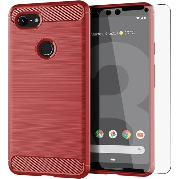 REQO Phone Case for Google Pixel 3 with Tempered Glass Screen Protector Cover Cell Accessories Slim Thin Full Body Silicone Rubber Pixel3 Pixle Cases Women Men Red