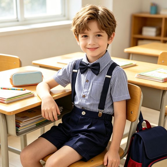 Glisme First Day Of School Outfits For Boys Short Sleeve Cartoon Graphic Crewneck Tops Suspender Shorts Fashion Toddler Daily Wear Dark Blue