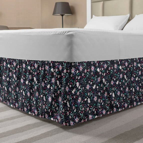 Floral Bed Skirt, Continuous Spring Style Meadow Flowers Illustration, Elastic Bedskirt Dust Ruffle Wrap Around for Bedding Decor, 4 Sizes, Multicolor, by Ambesonne