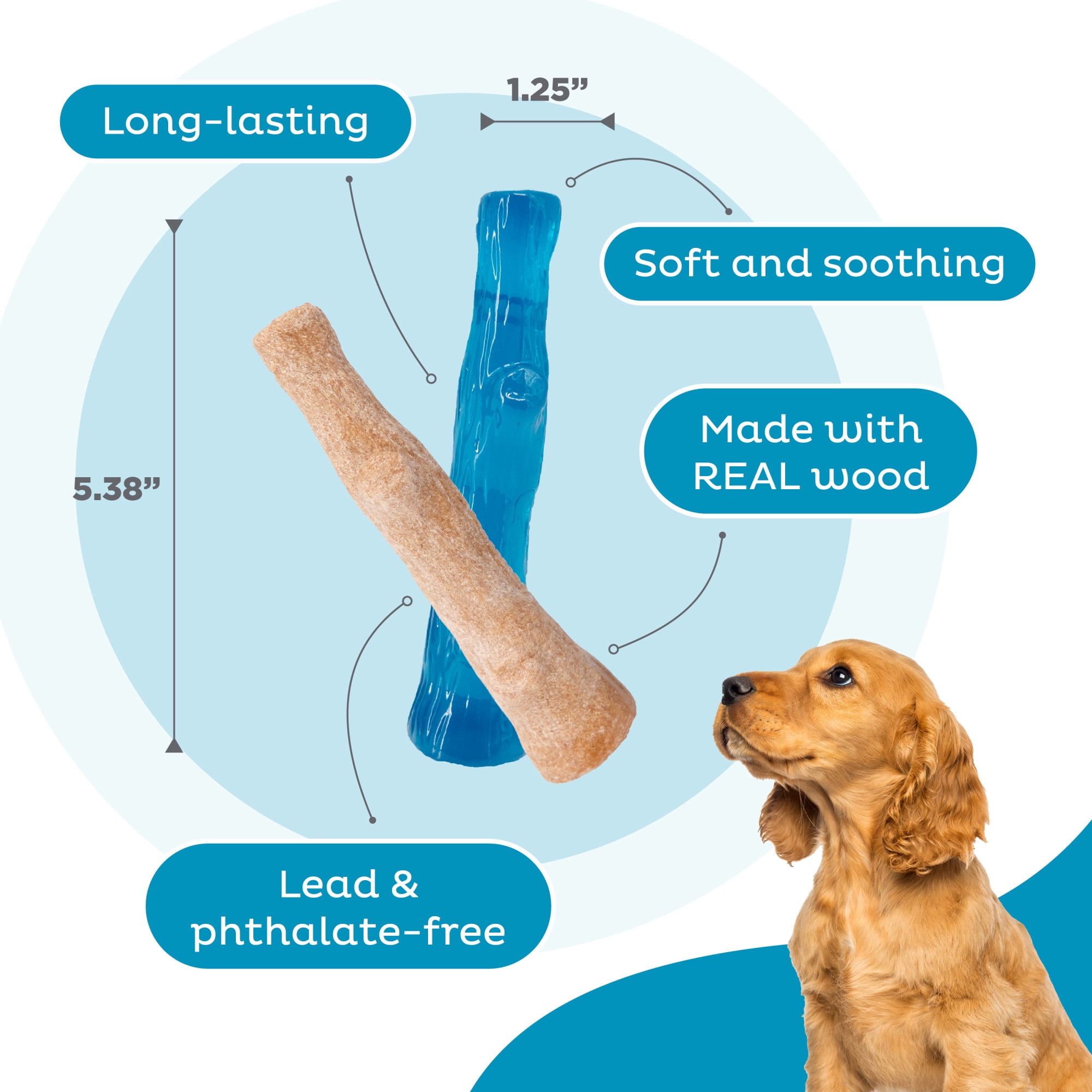 Pupstages by Petstages Puppy 2-Pack Dog Chew Toys – Real-Wood Blend Dogwood & Chewy TPE, Moderate Chewers, Small, 5.3"