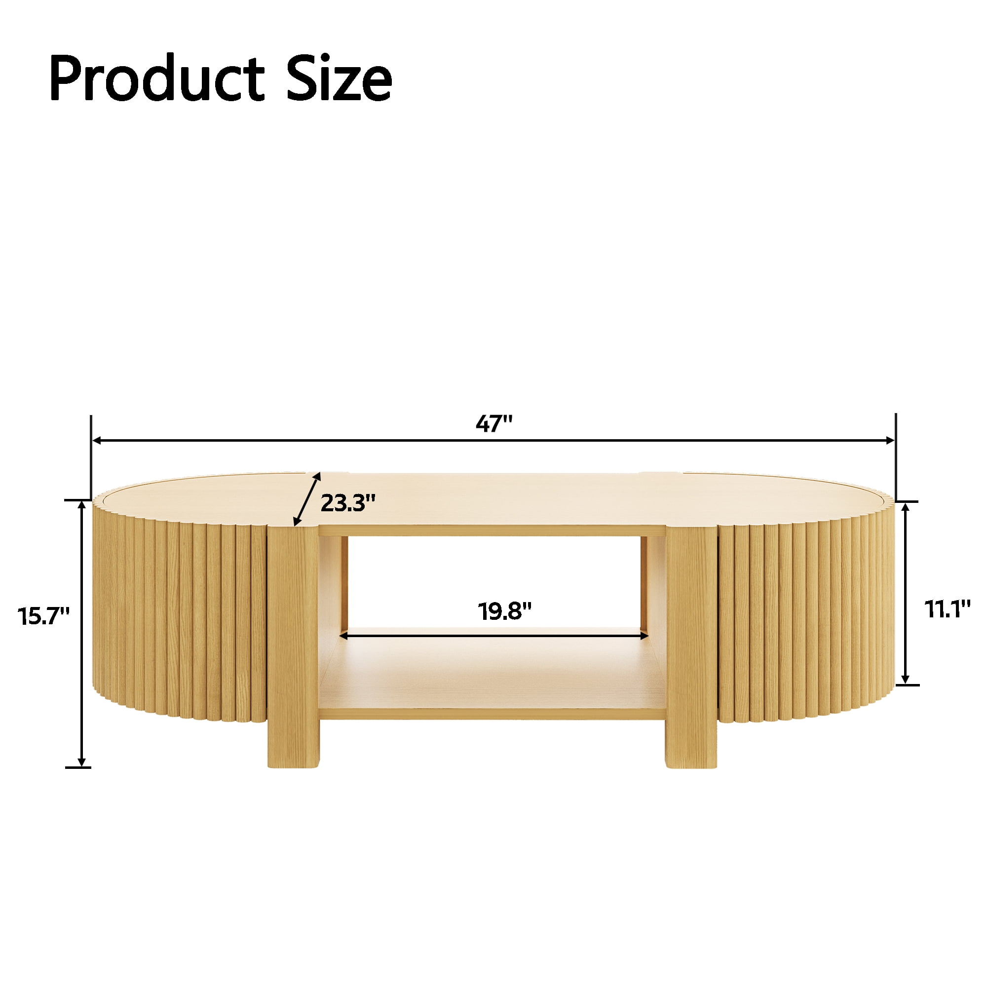 Homy Casa 47 in Fluted Coffee Table with Storage Cabinets and Open Shelf, Natural Oak