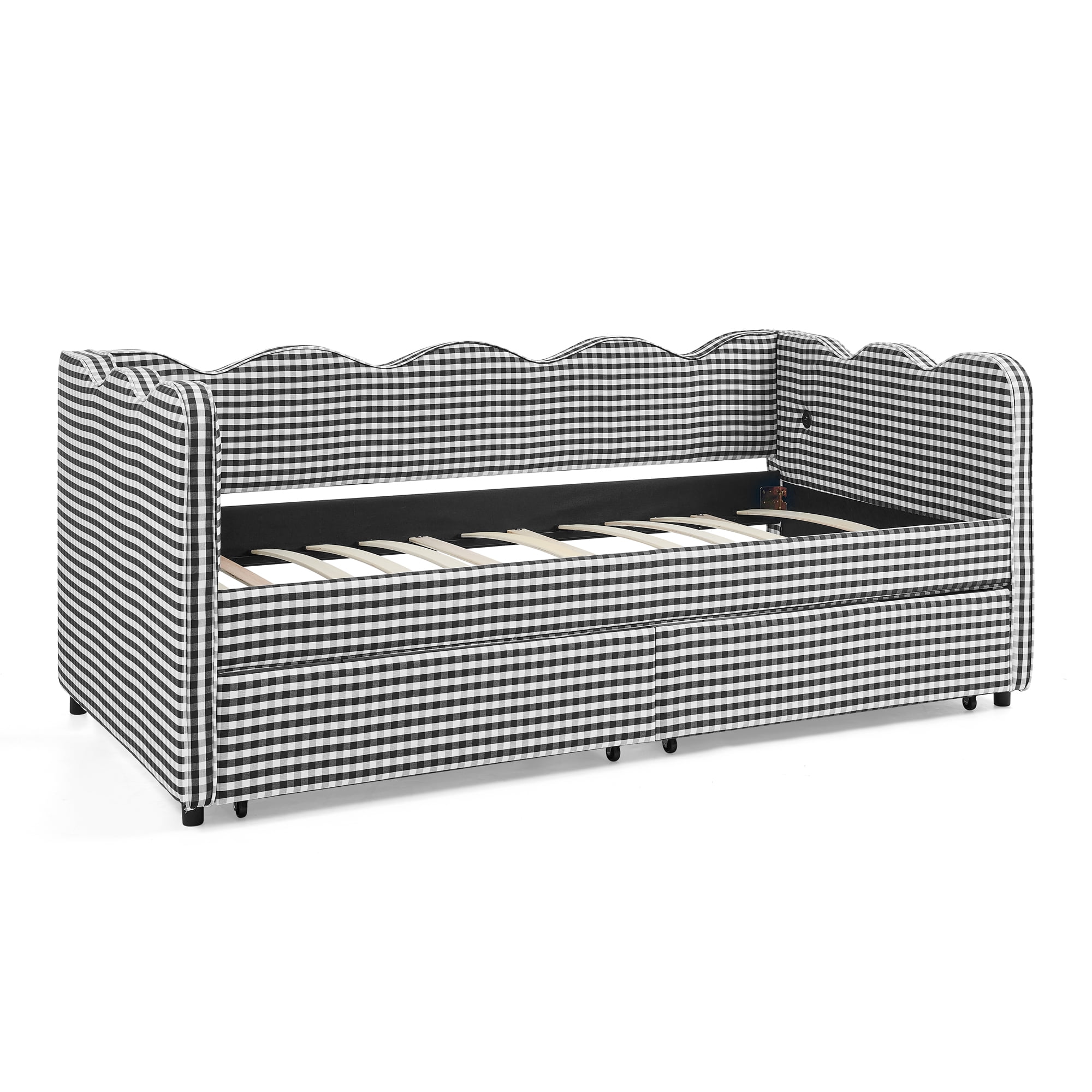 GARITIN Twin Size Daybed with 2 Storage Drawers, Gingham Sofa Bed with USB Port and Wavy Headboard for Kids Room, Black