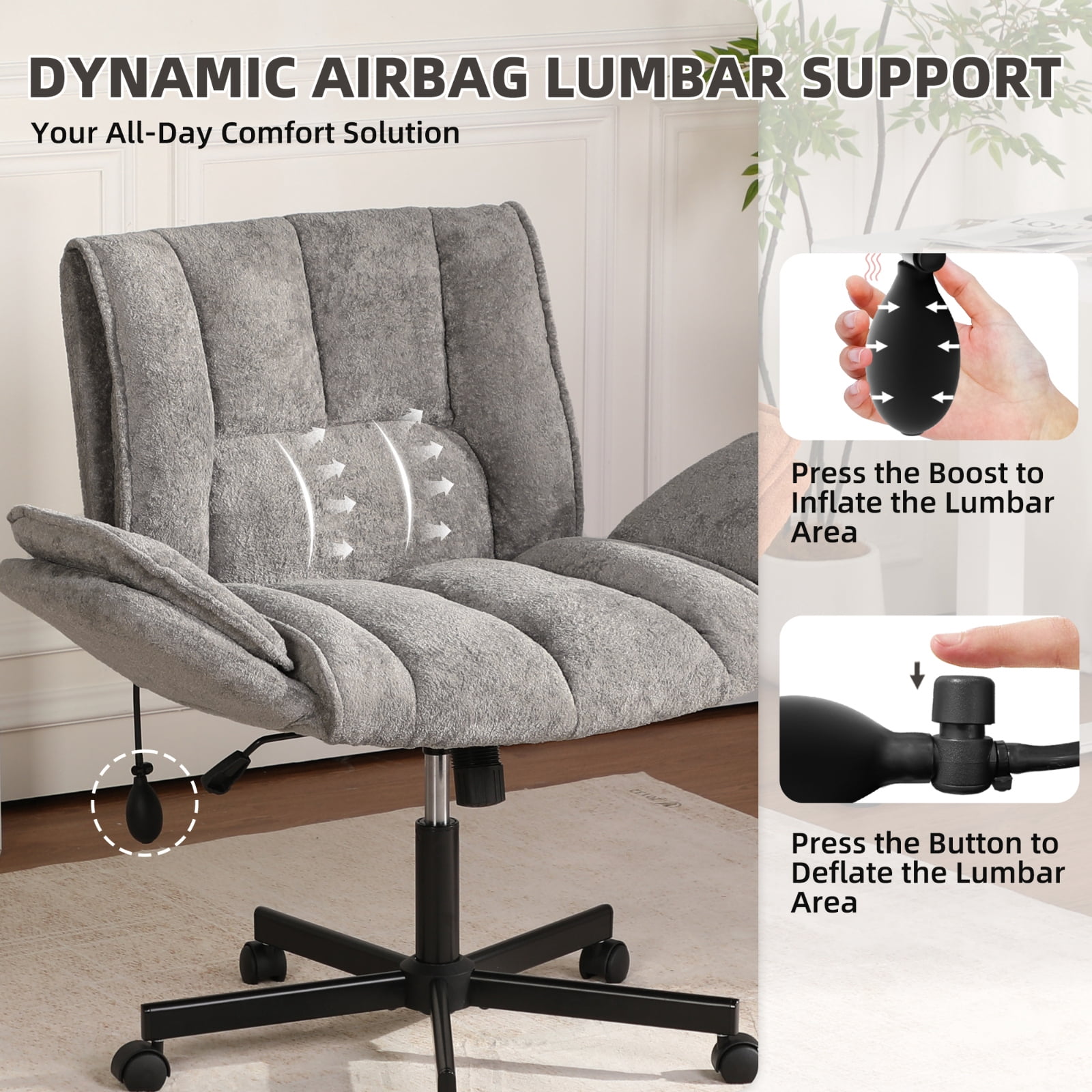 Cross Legged Office Chair with Wheels & Dynamic Airbag Lumbar Support, Criss Cross Wide Seat, 5-Position Fold-Down Armrests, Swivel Vanity Chair for Home Office, Gray