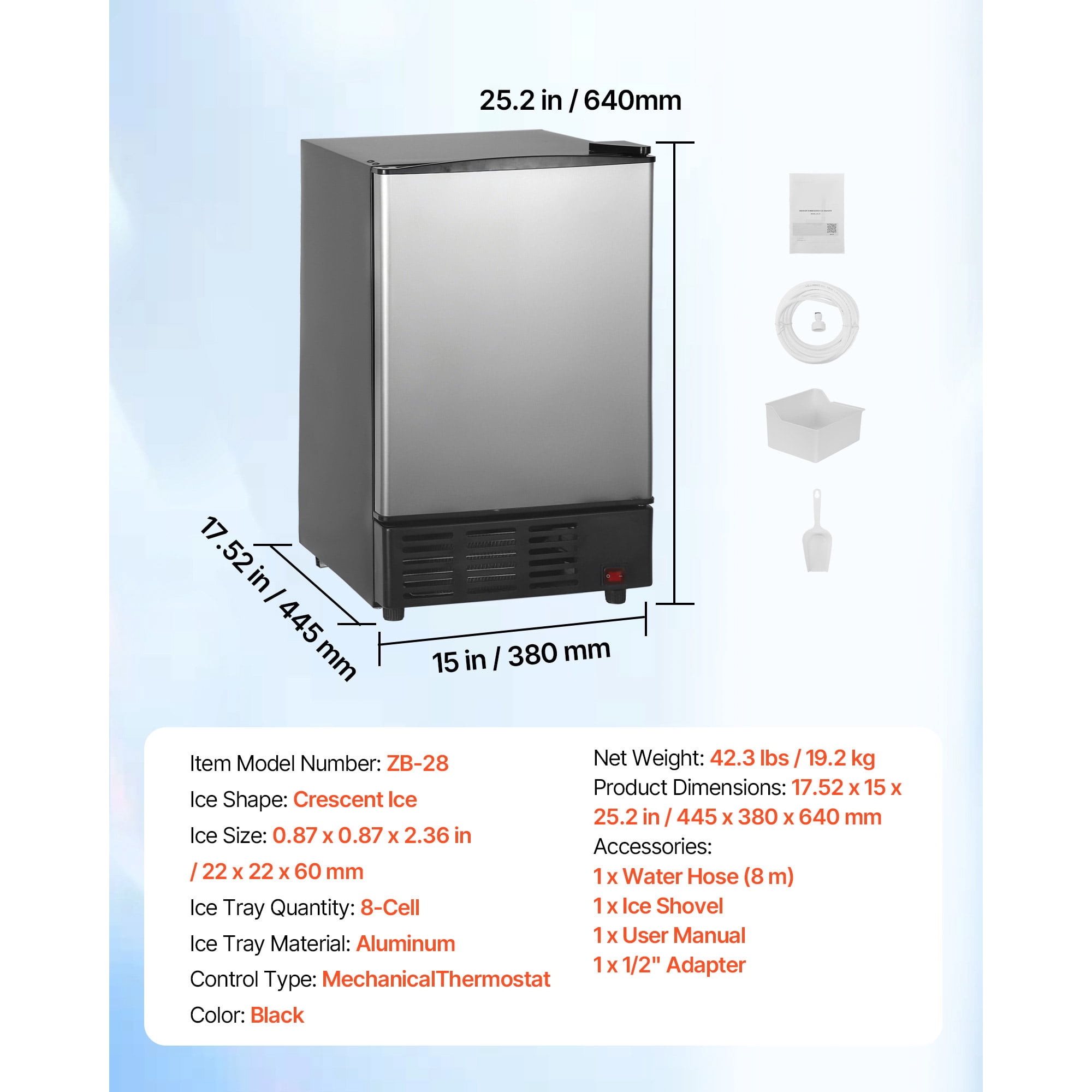 KFFKFF 15" W Under Counter Ice Maker, 15 lbs/Day Crescent Ice Machine with 11 lbs Storage Bin & Reversible Door, Freestanding Ice Maker for Home or Commercial Kitchens - No Drain Needed