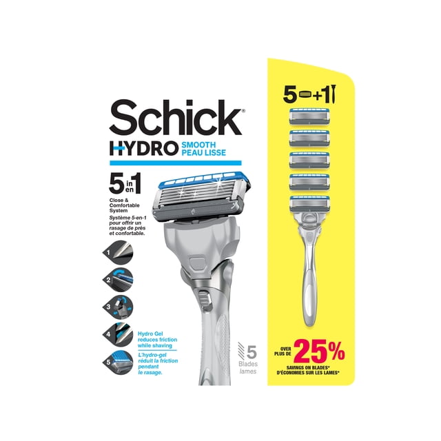 Schick Hydro Smooth Skin Men’s Razor - System and 5 Razor Refills Value Pack