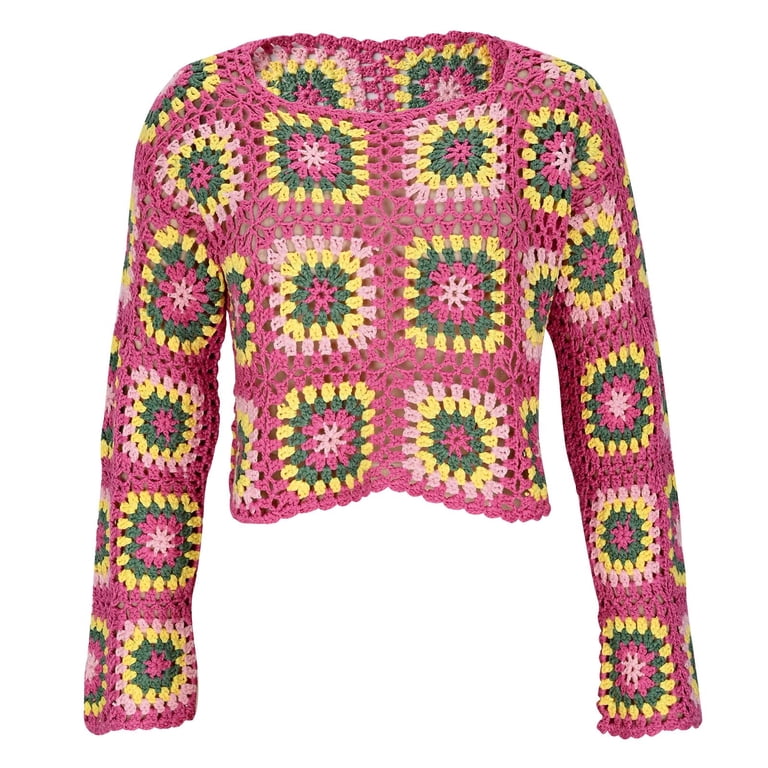 Womens Crochet Tops Flower Square Knitted Pullover Hollow Out Long