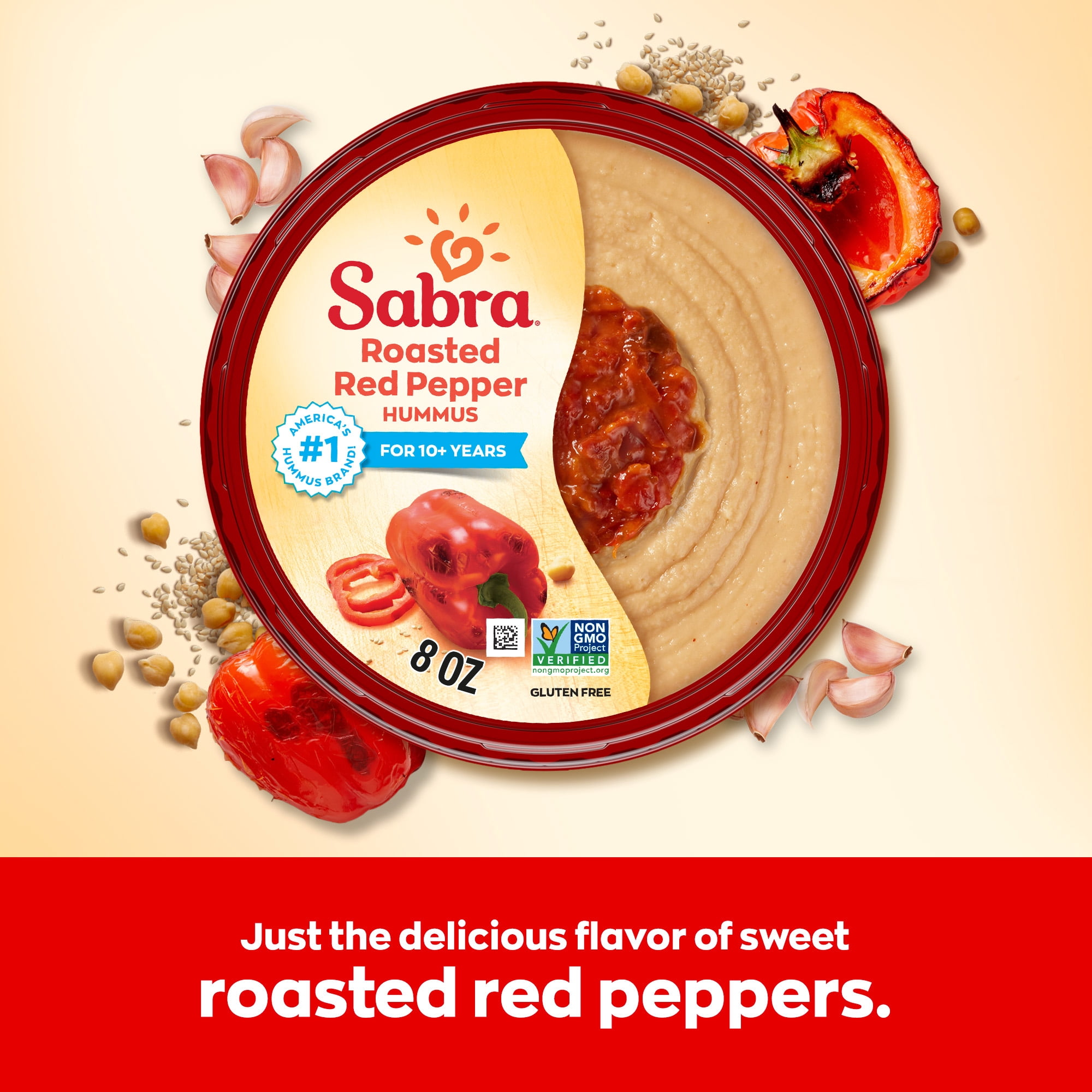 Sabra Roasted Red Pepper Fresh Hummus Dip, Non-GMO, Gluten Free, Vegan Hummus Spread, 8oz Tub