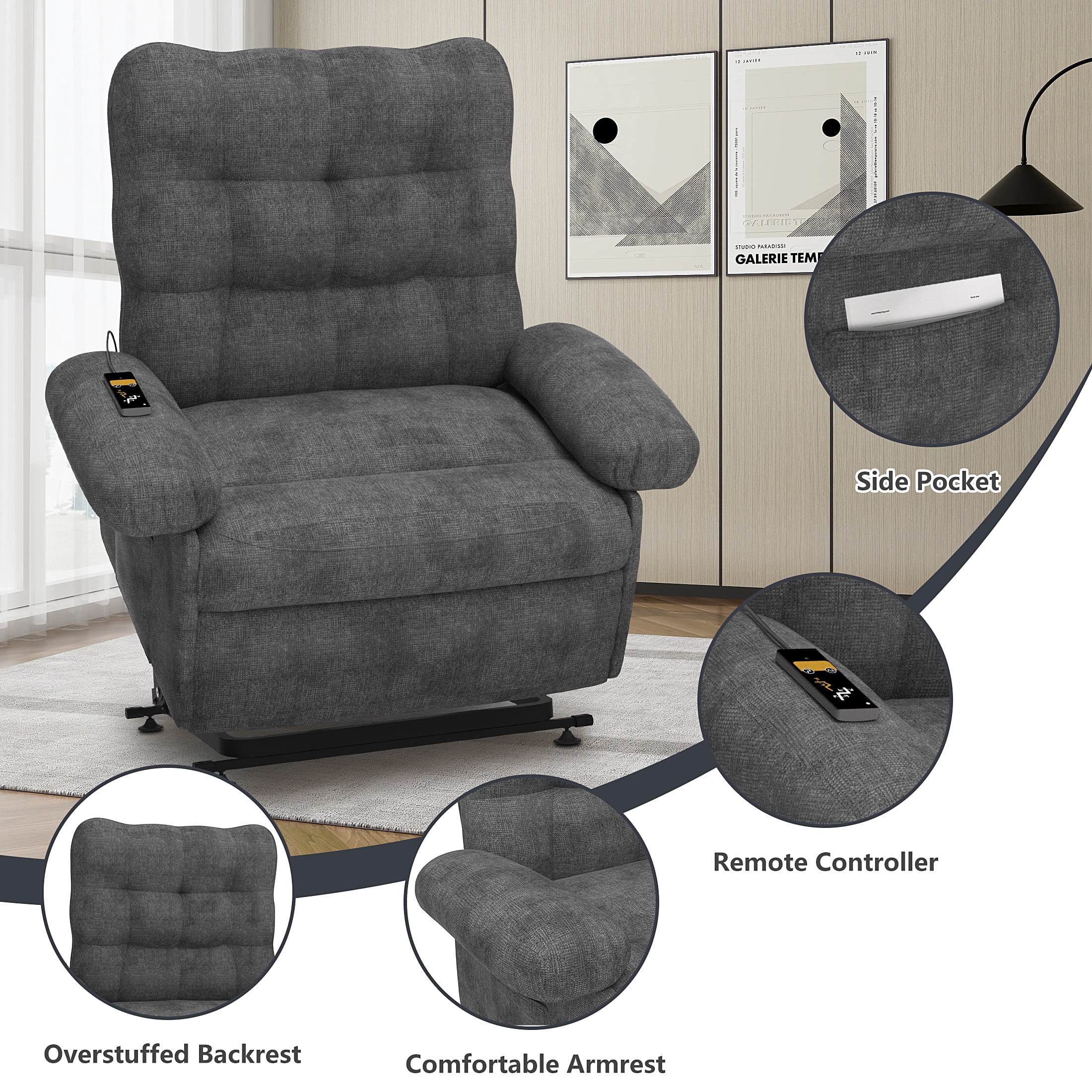 Power Lift Recliner for Elderly and Adults, HSUNNS Heavy Duty Electric Lift Chair with Side Pockets, Recliner Chair with Anti-slip Function, recliner on sale or clearance, Grey