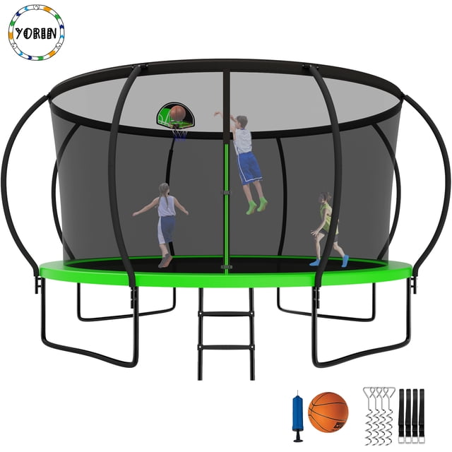YORIN Trampoline pour Enfants de 5 à 6 Ans, Trampoline de 12 Pi pour Adultes avec Filet de Protection, Panier de Basketball, Échelle, Capacité de Poids de 1200 Lb, Trampoline Récréatif Extérieur, Trampoline Robuste