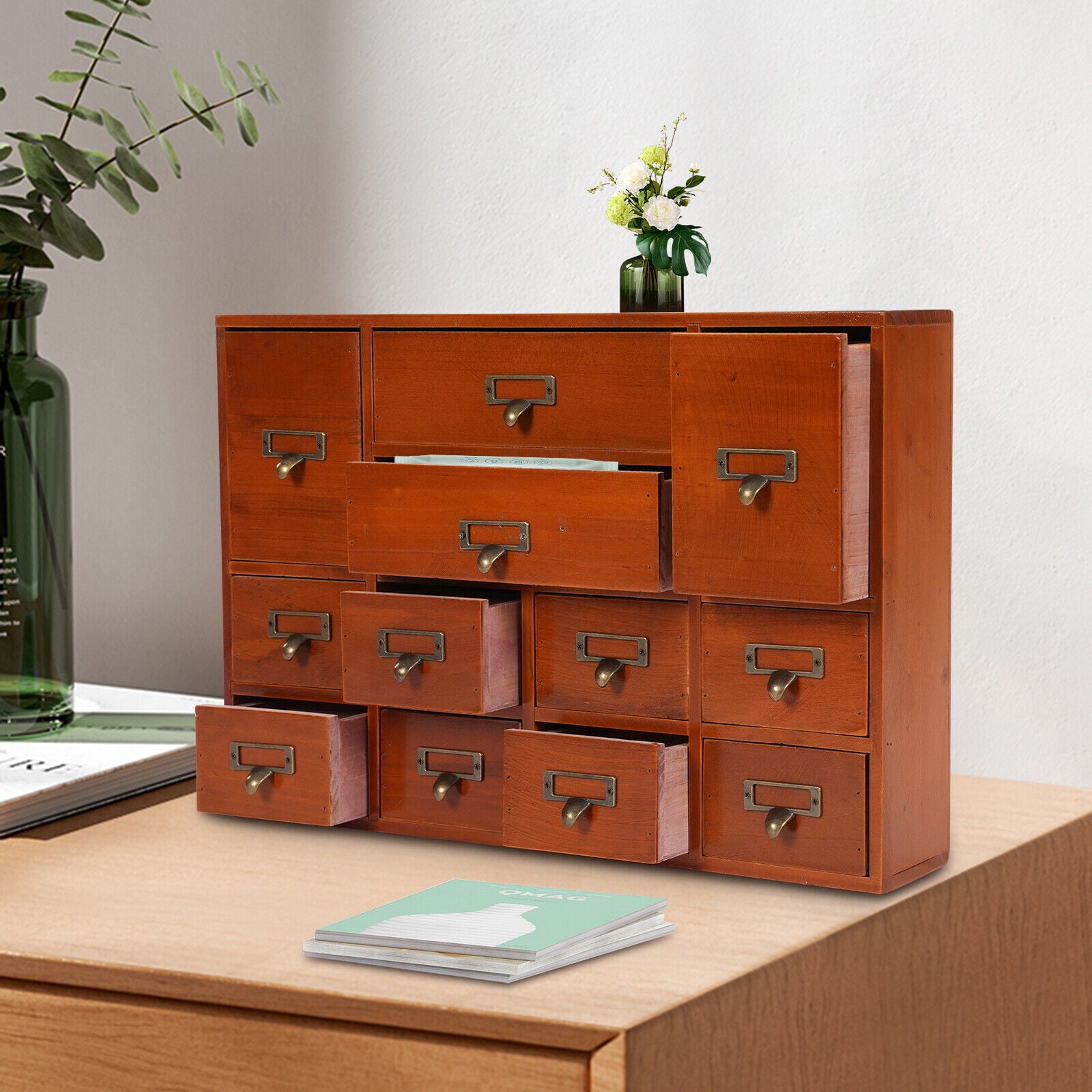 12 Drawers Wooden Desktop Organizer Home Storage Case Cosmetic Dresser Box