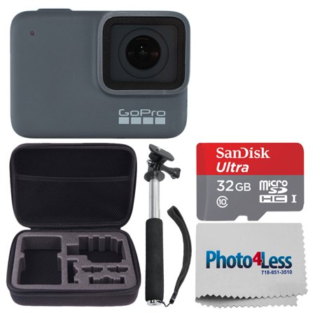 Semi Hard Camera Case - GoPro HERO7 Silver Waterproof Digital Sports Action Camera – 4K30 Video + SanDisk 32GB microSDHC Memory Card + Medium Hard Case + Handheld Monopod + Photo4Less Cleaning Cloth – Deluxe Accessory Bundle