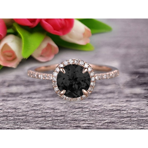 1.75 Carat Round Cut Black Diamond Moissanite Engagement Ring Wedding Anniversary Gift On 10k Rose Gold Halo Design