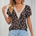 thumbnail image 3 of Blusa estampada de encaje de guipur Blusa de guipur de manga corta con pétalos y escote en V para mujer que sale con flor de cerezo M, 3 of 6