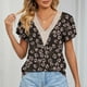 thumbnail image 3 of Blusa estampada de encaje de guipur Blusa de guipur de manga corta con pétalos y escote en V para mujer que sale con flor de cerezo XL, 3 of 6
