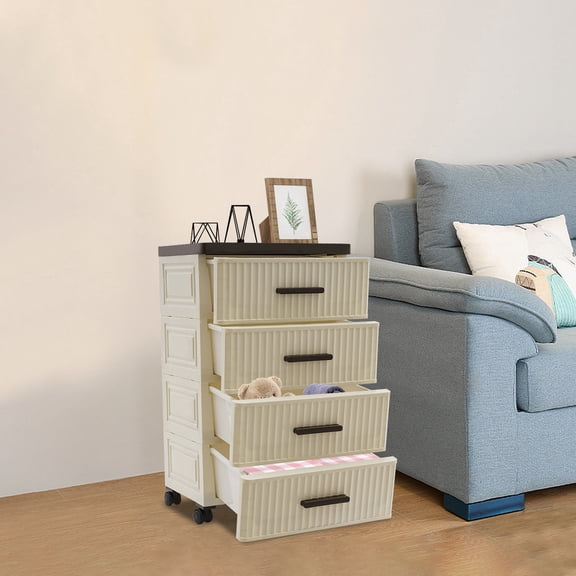 Milk Brown PP 35x26x57cm Four-Story Storage Cabinet With Brake Wheel And Large-Capacity Drawer Storage Cabinet