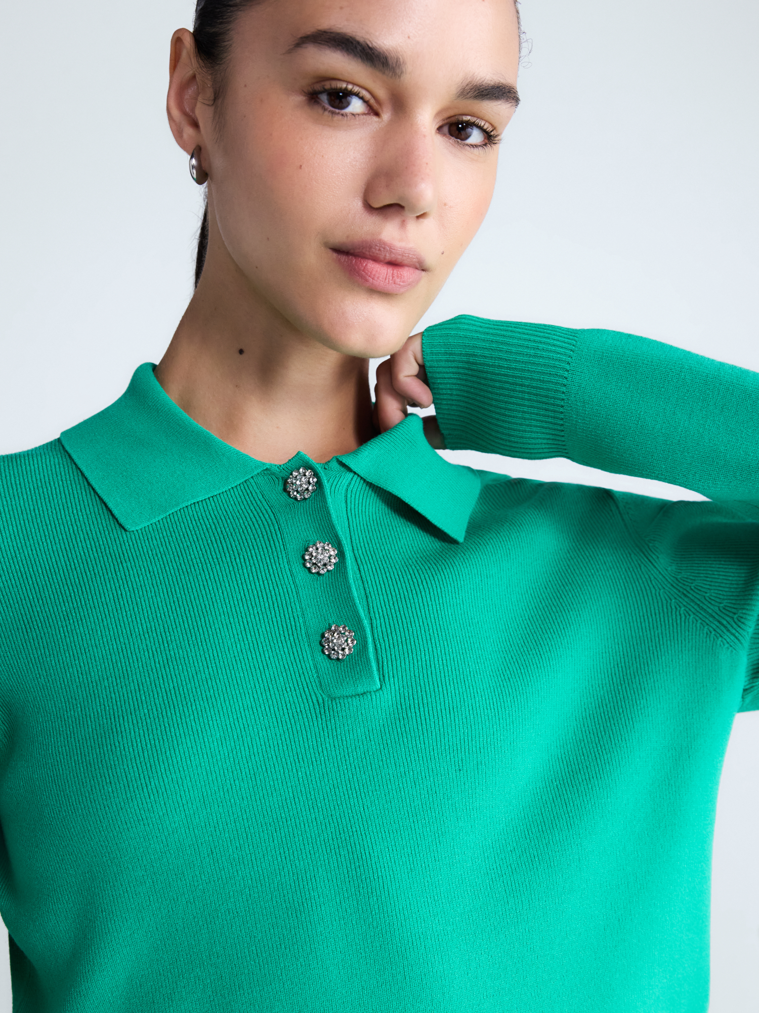 Free Assembly Women's Polo Sweater with Rhinestone Buttons photo 4