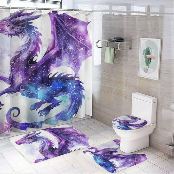 4Pcs Fantasy Dragon Shower Curtain Set with Rugs, Toilet Lid Cover and Bath Mat, Watercolor Theme Purple Animal Mystical Bathroom Curtains Decor Shower Curtains, 72" x 72"