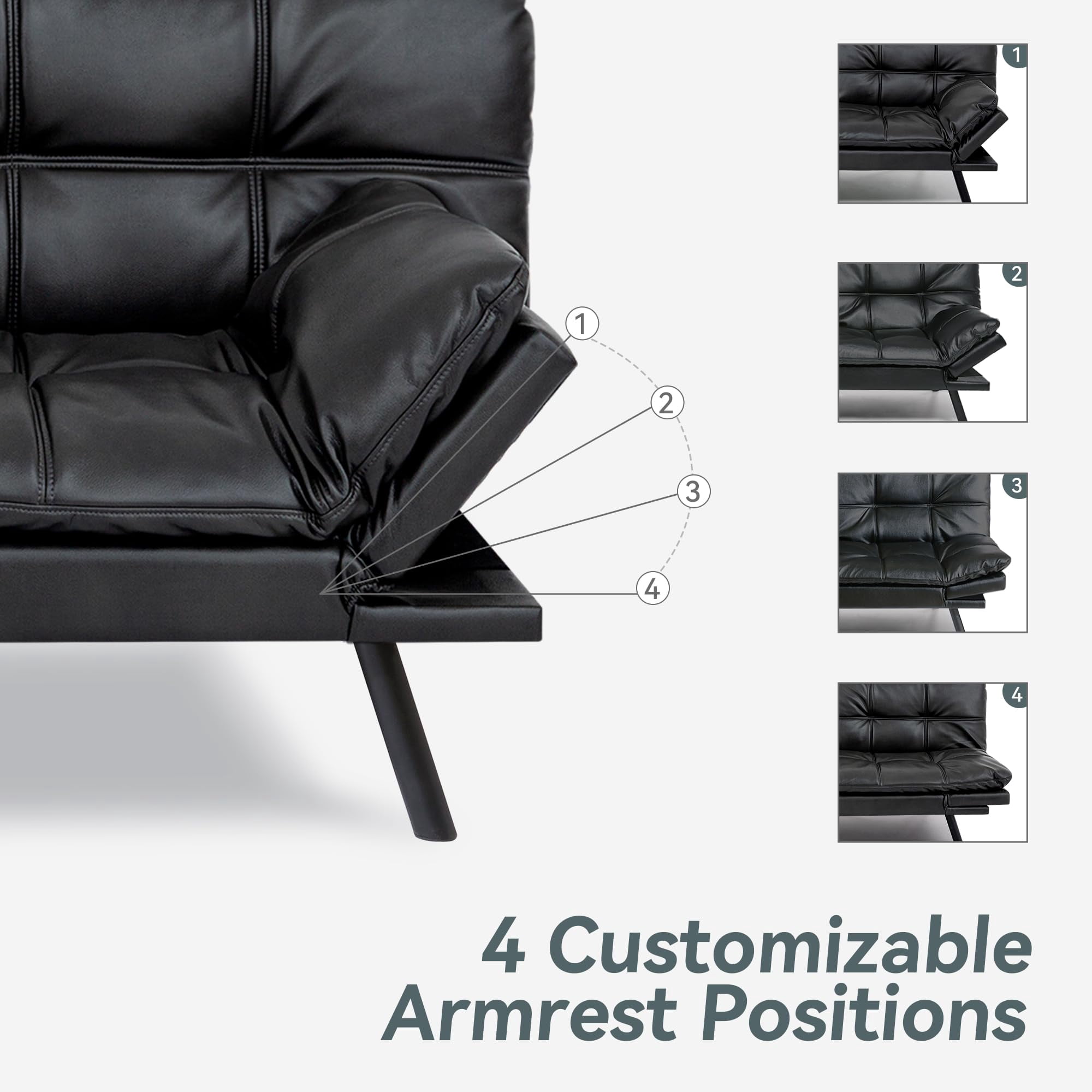 71" Sofa Bed Convertible Couch, Black Faux Leather Sofa Bed with Memory Foam, Adjustable Backrest & Armrests, Multifunctional Small Loveseat Sleeper Sofa for Living Room, Apartment, Office