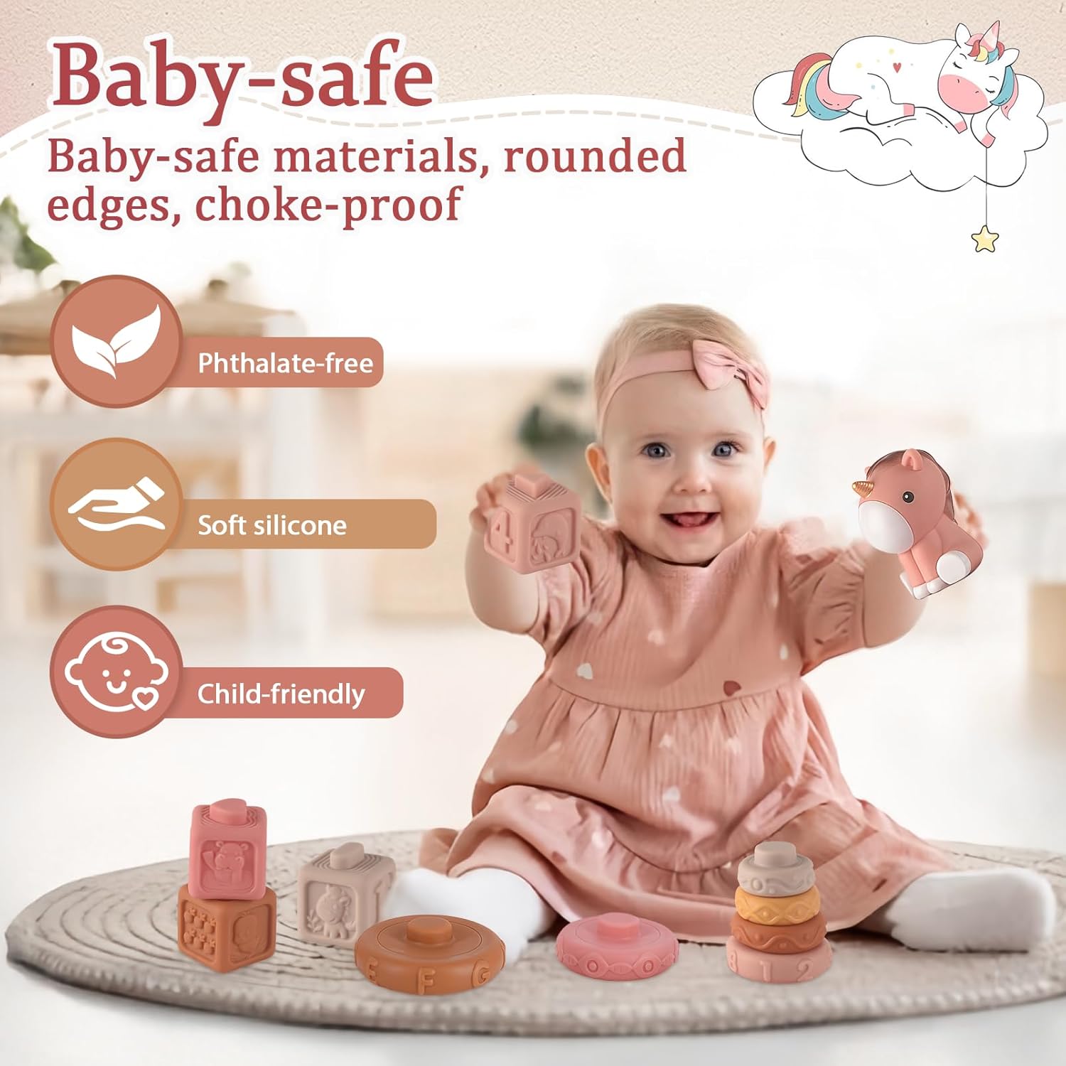 5-in-1 Montessori Baby Toy Set for 6-12 Months, Shape Sorter, Stacking Rings, Soft Blocks, Wooden Activity Toy and Xylophone, Sensory Development and Educational Gift for Infants and Toddlers