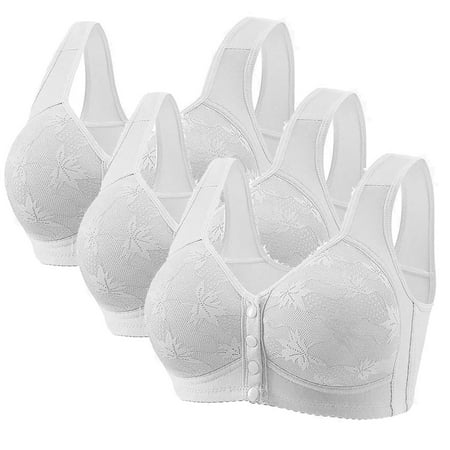 S LUKKC LUKKC 3Pc Front Button Bras for Women Plus Size Front Closure Bras Full Coverage No Underwire Bras for Seniors Wireless Front Close Push Up Bra Comfort Support Sleeping Everyday Bras